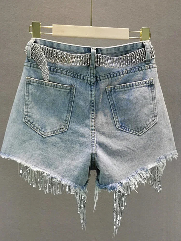 Shorts jeans feminino de cintura alta e perna larga, shorts de miangas elegantes, roupa casual feminina, jeans monocromático, verão