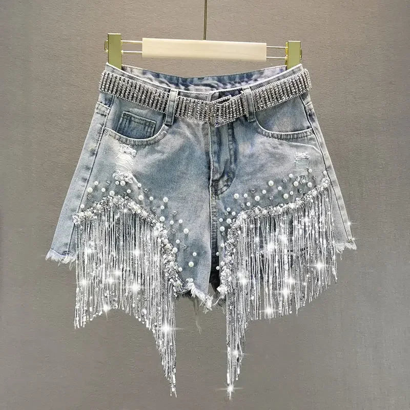 Shorts jeans feminino de cintura alta e perna larga, shorts de miangas elegantes, roupa casual feminina, jeans monocromático, verão