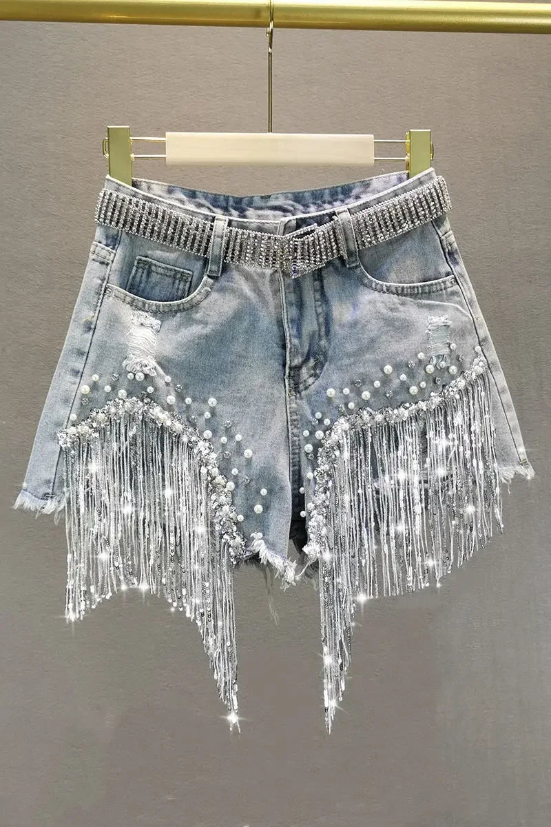 Shorts jeans feminino de cintura alta e perna larga, shorts de miangas elegantes, roupa casual feminina, jeans monocromático, verão