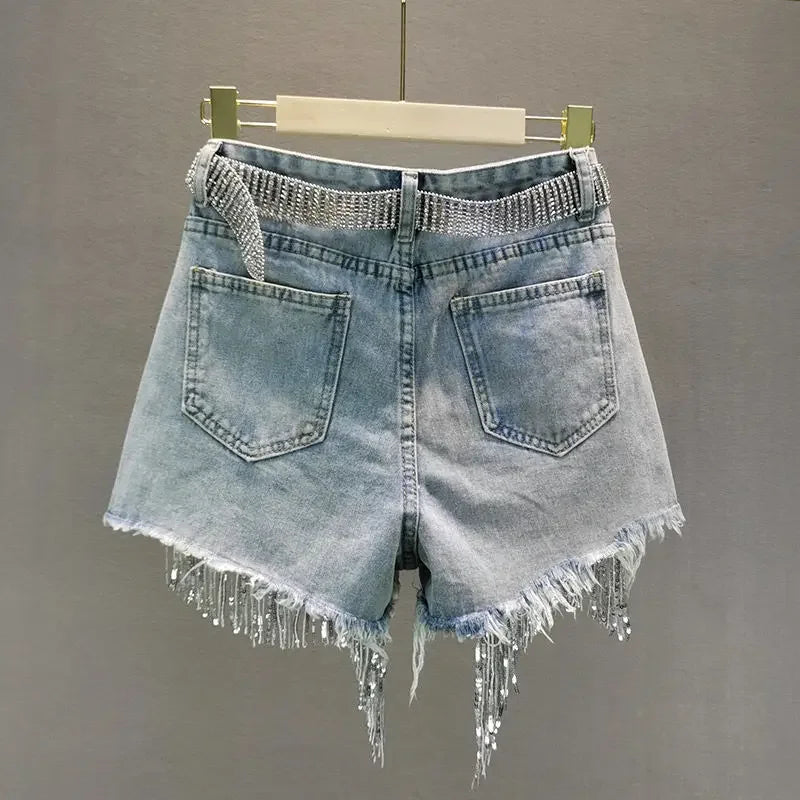 Shorts jeans feminino de cintura alta e perna larga, shorts de miangas elegantes, roupa casual feminina, jeans monocromático, verão